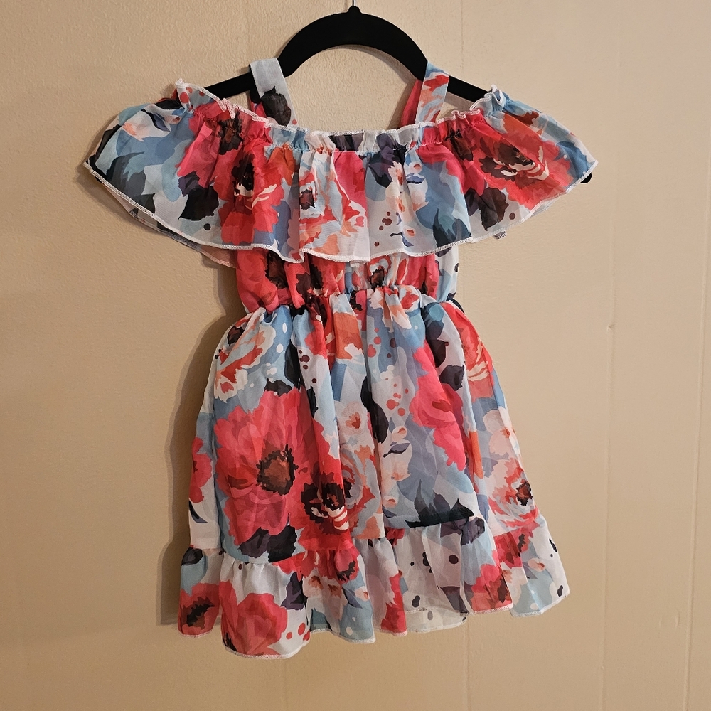 Little Girls Bright Floral Chiffon Off Shoulder Easter Dress in 70 (6 months)